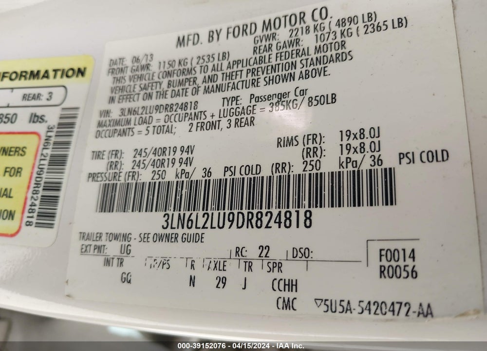 2013 LINCOLN MKZ HYBRID VIN: 3LN6L2LU9DR824818
