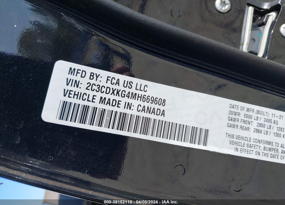 2021 DODGE CHARGER VIN: 2C3CDXKG4MH669608