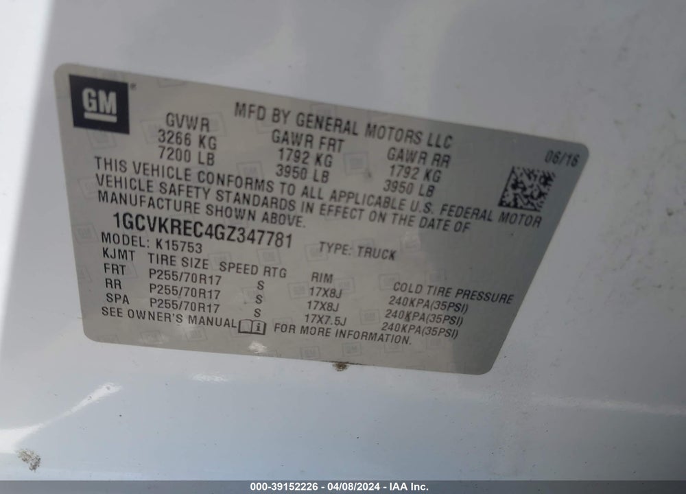2016 CHEVROLET SILVERADO 1500 1LT VIN: 1GCVKREC4GZ347781