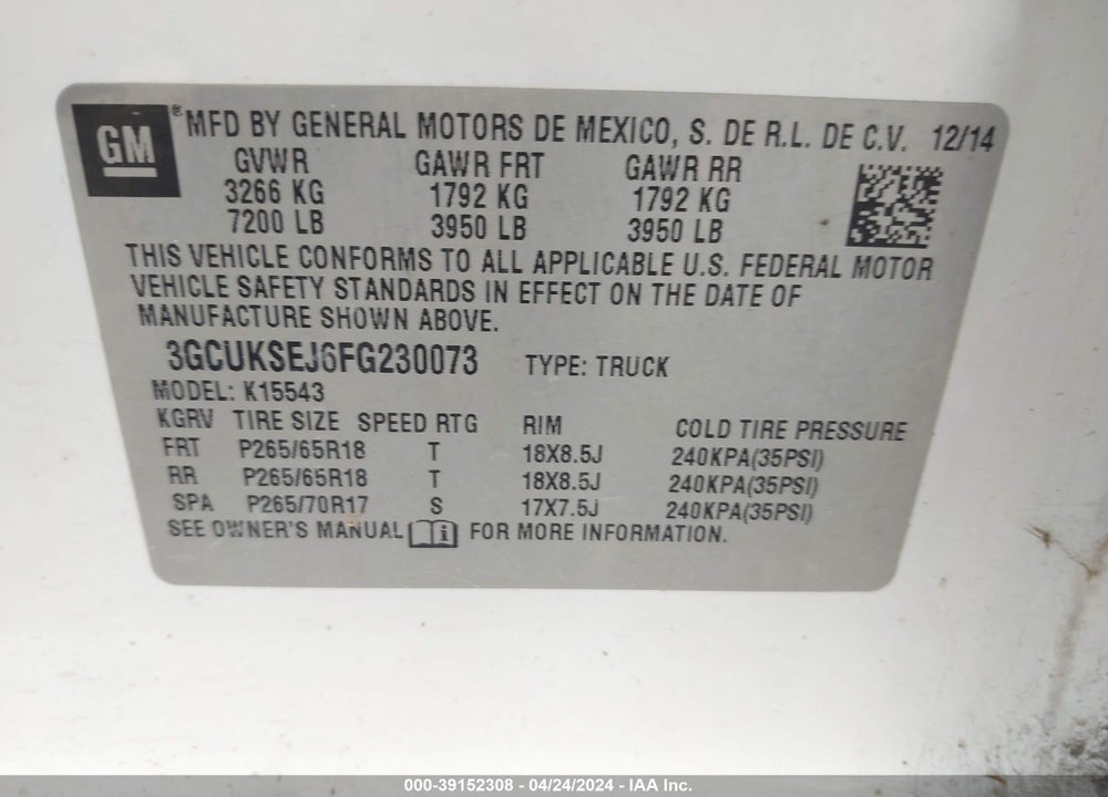 2015 CHEVROLET SILVERADO 1500 1LZ VIN: 3GCUKSEJ6FG230073