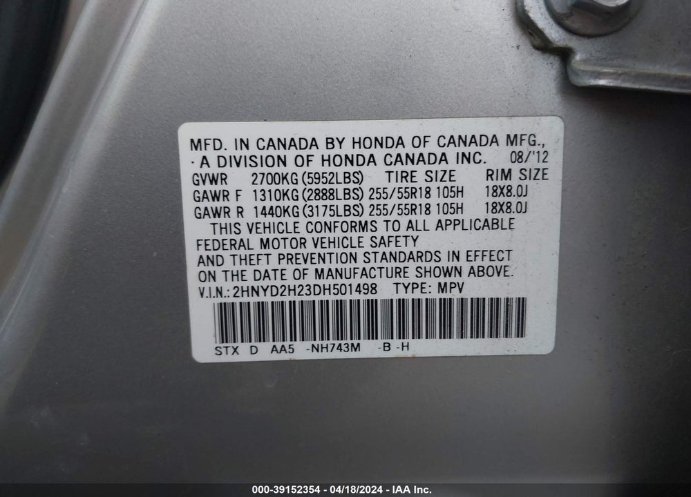 2013 ACURA MDX VIN: 2HNYD2H23DH501498
