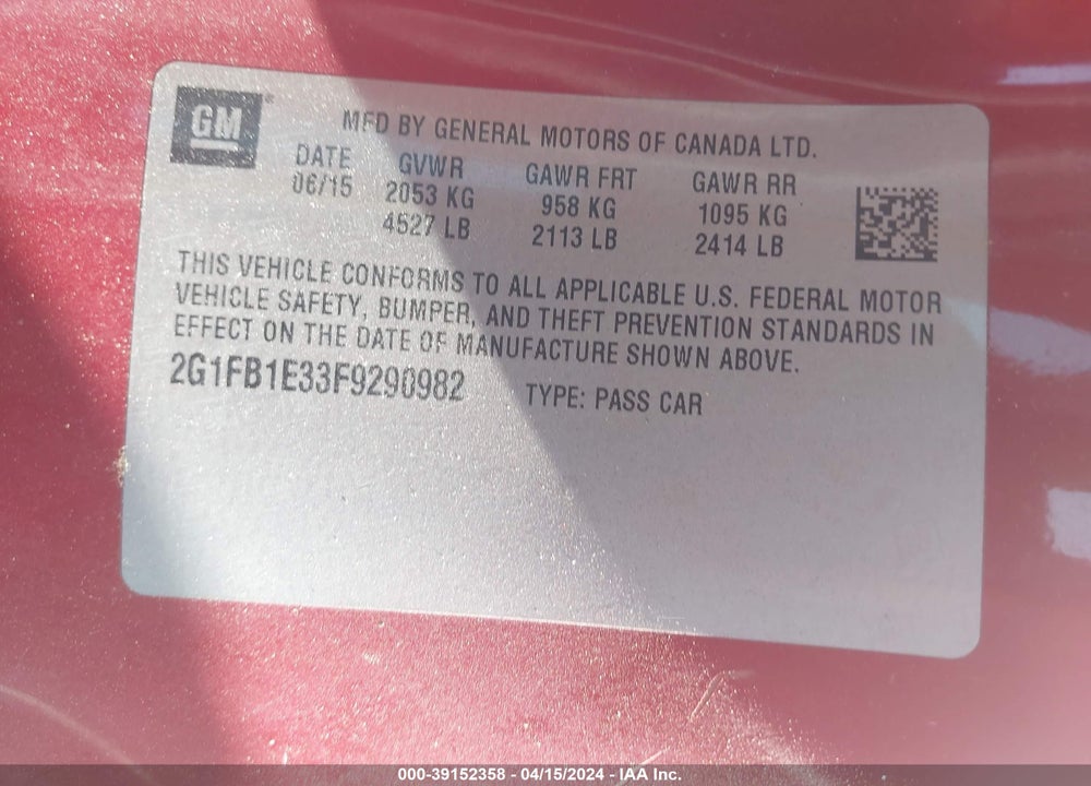 2015 CHEVROLET CAMARO 2LS VIN: 2G1FB1E33F9290982
