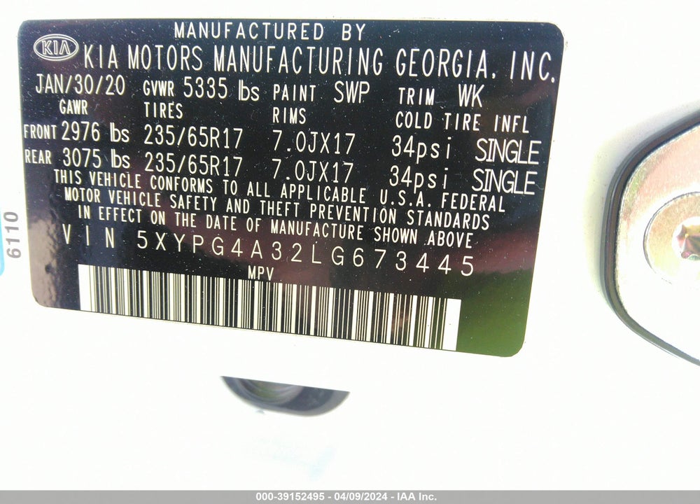 2020 KIA SORENTO 2.4L LX VIN: 5XYPG4A32LG673445