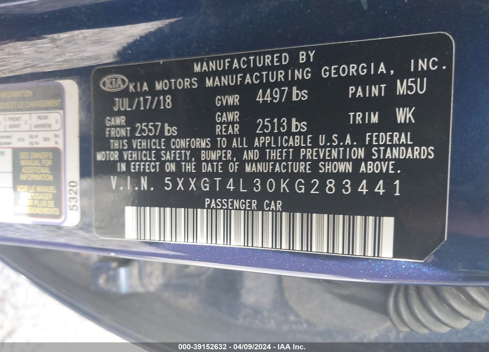 2019 KIA OPTIMA S VIN: 5XXGT4L30KG283441