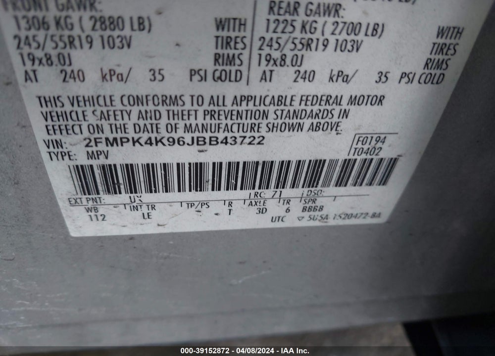 2018 FORD EDGE TITANIUM VIN: 2FMPK4K96JBB43722