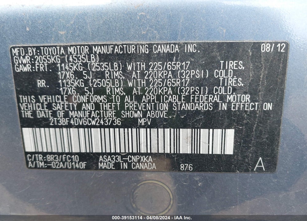 2012 TOYOTA RAV4 VIN: 2T3BF4DV6CW243736