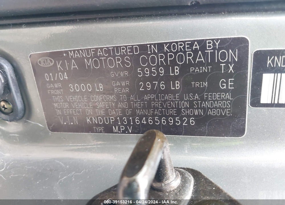 2004 KIA SEDONA EX/LX VIN: KNDUP131646569526
