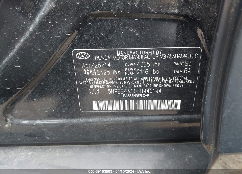 2014 HYUNDAI SONATA GLS VIN: 5NPEB4AC0EH940194