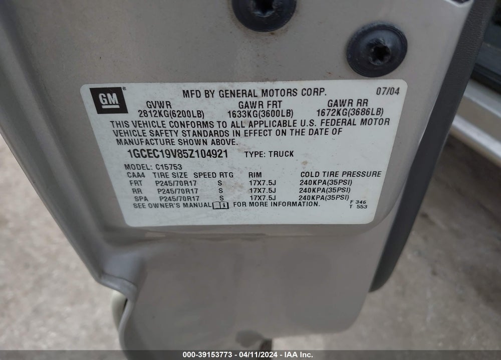 2005 CHEVROLET SILVERADO 1500 LS VIN: 1GCEC19V85Z104921