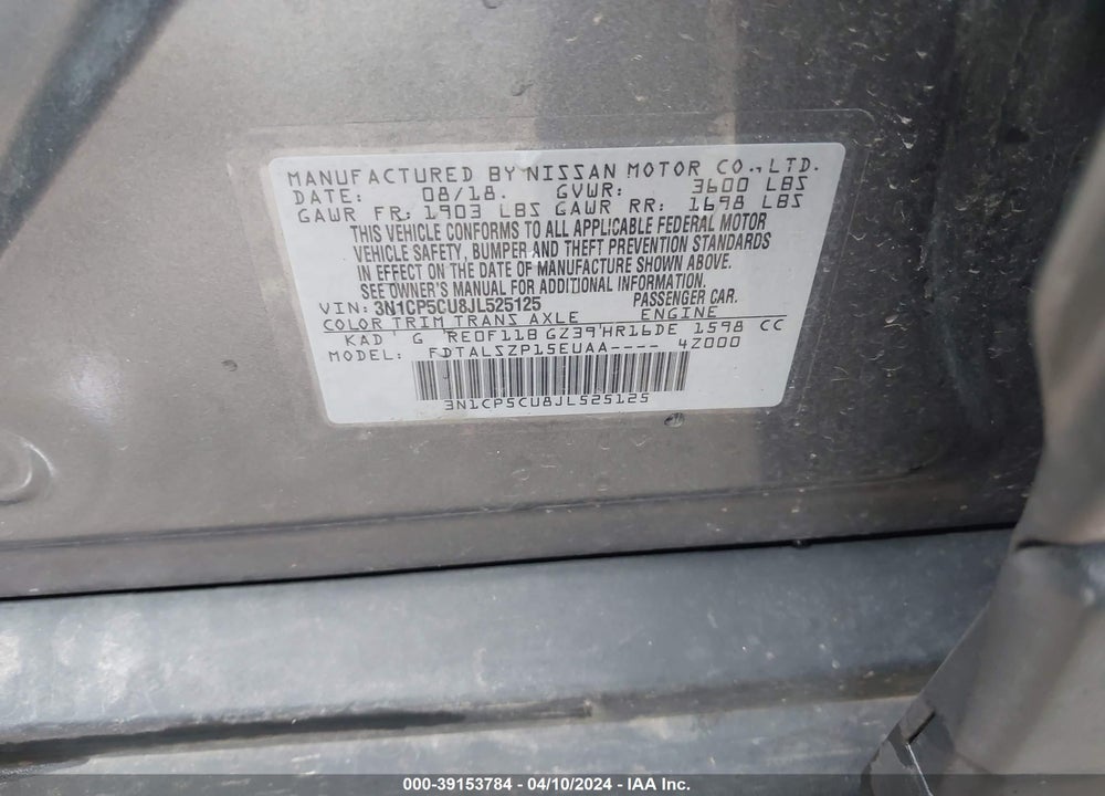 2018 NISSAN KICKS VIN: 3N1CP5CU8JL525125