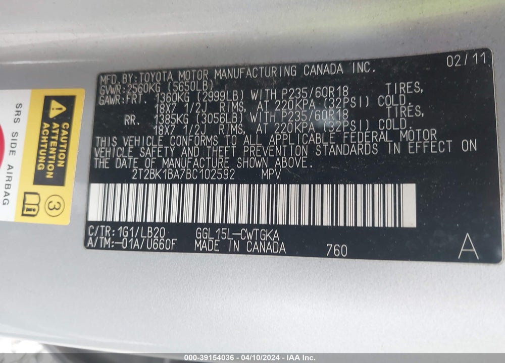 2011 LEXUS RX 350 VIN: 2T2BK1BA7BC102592