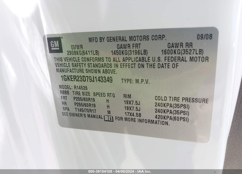 2009 GMC ACADIA SLT-1 VIN: 1GKER23D79J143349