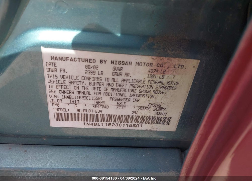 2003 NISSAN ALTIMA 3.5 SE VIN: 1N4BL11E23C115501
