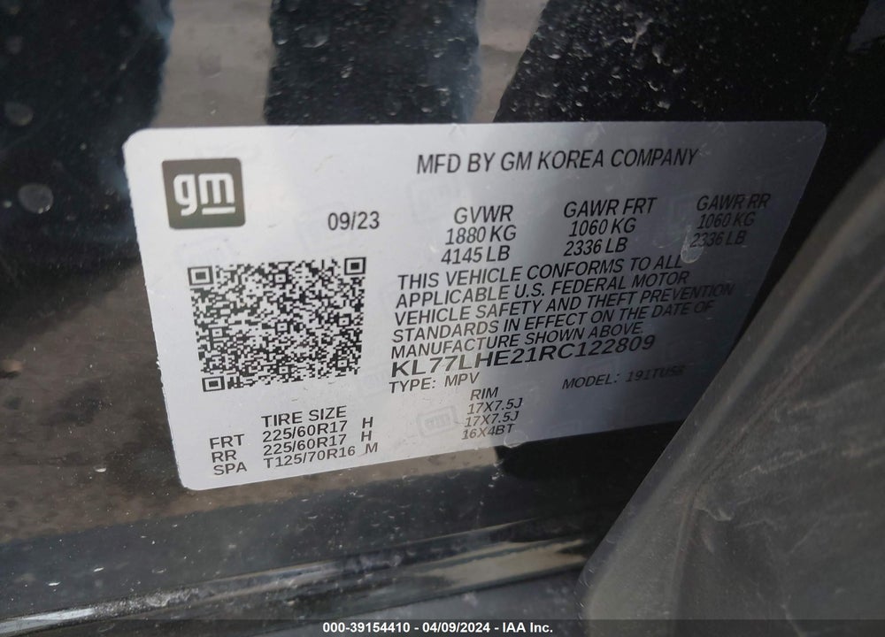 2024 CHEVROLET TRAX FWD LT VIN: KL77LHE21RC122809