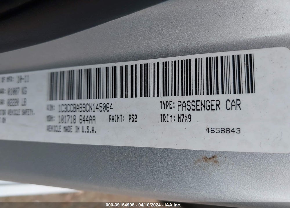 2012 CHRYSLER 200 LX VIN: 1C3CCBAB9CN145064