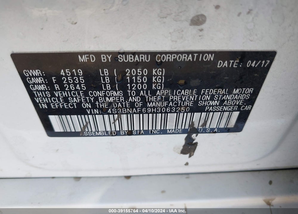 2017 SUBARU LEGACY 2.5I PREMIUM VIN: 4S3BNAF69H3063250