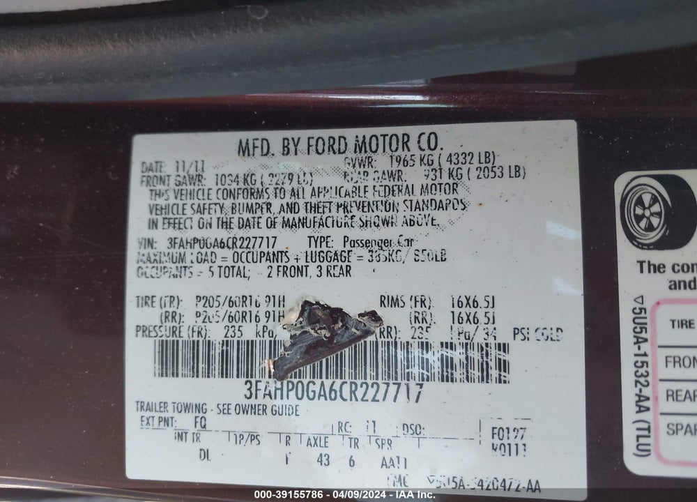 2012 FORD FUSION VIN: 3FAHP0GA6CR227717