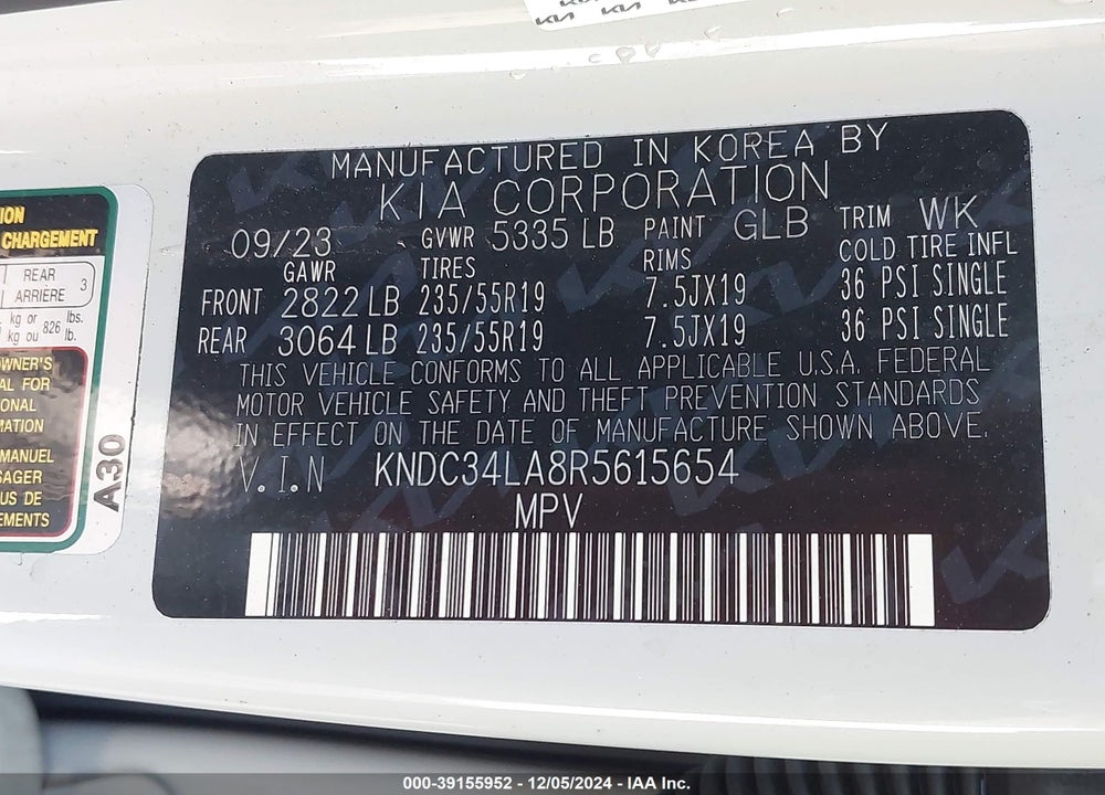 2024 KIA EV6 LIGHT LONG RANGE VIN: KNDC34LA8R5615654