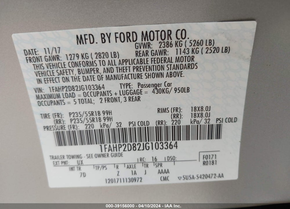 2018 FORD TAURUS SE VIN: 1FAHP2D82JG103364