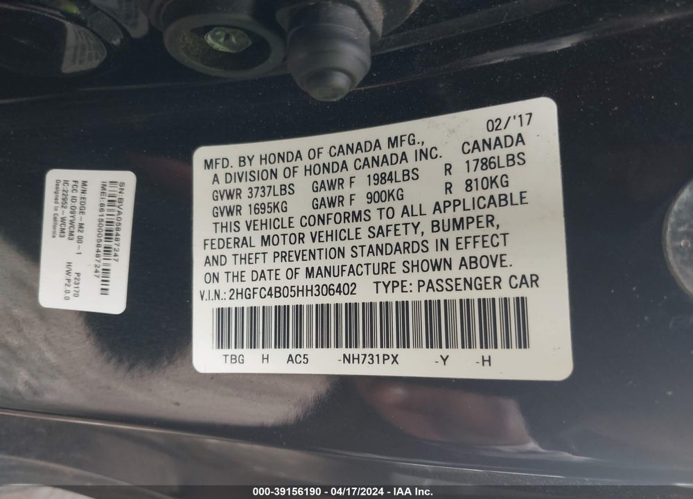 2017 HONDA CIVIC LX-P VIN: 2HGFC4B05HH306402