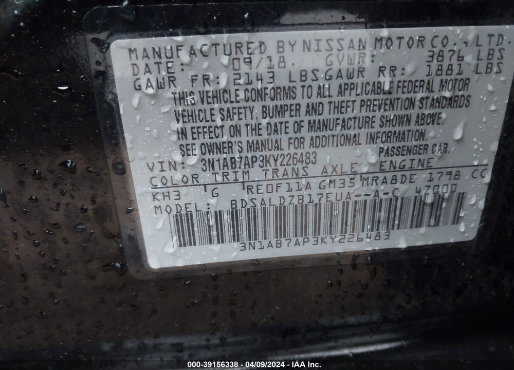 2019 NISSAN SENTRA SV VIN: 3N1AB7AP3KY226483