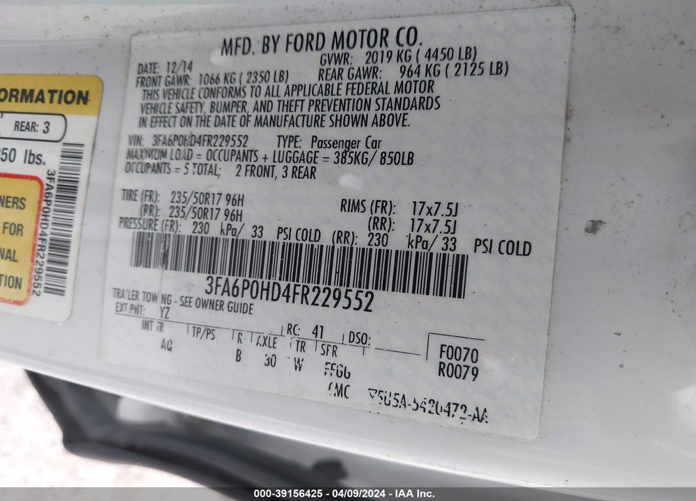 2015 FORD FUSION VIN: 3FA6P0HD4FR229552