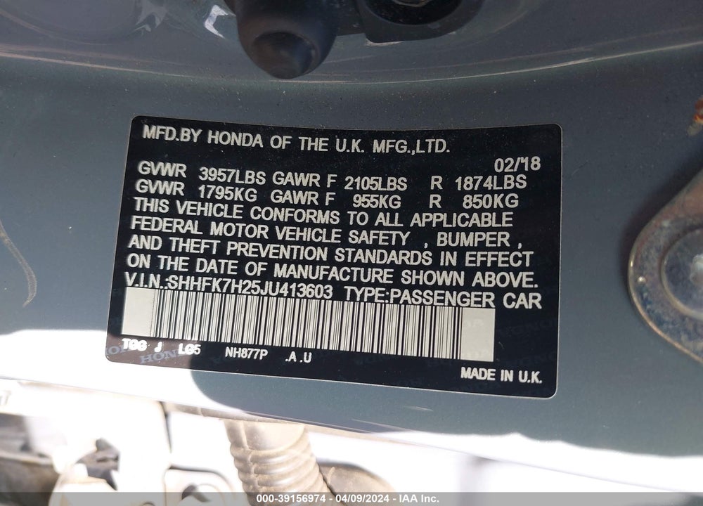 2018 HONDA CIVIC LX VIN: SHHFK7H25JU413603