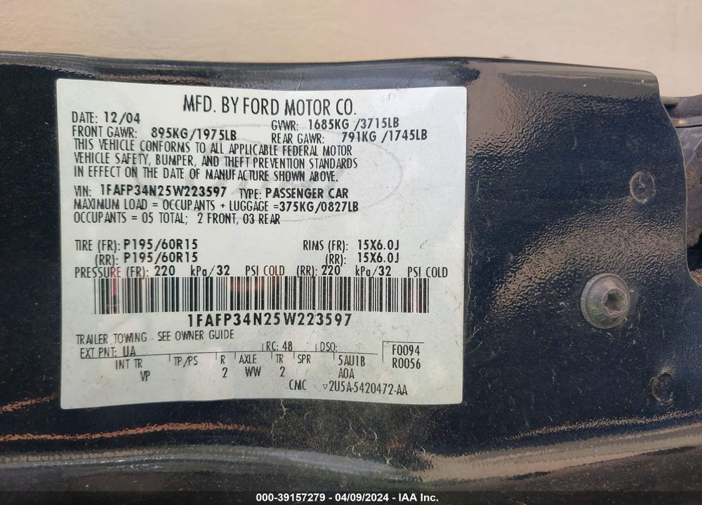 2005 FORD FOCUS ZX4 VIN: 1FAFP34N25W223597