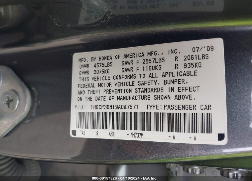 2009 HONDA ACCORD 3.5 EX-L VIN: 1HGCP36819A047571