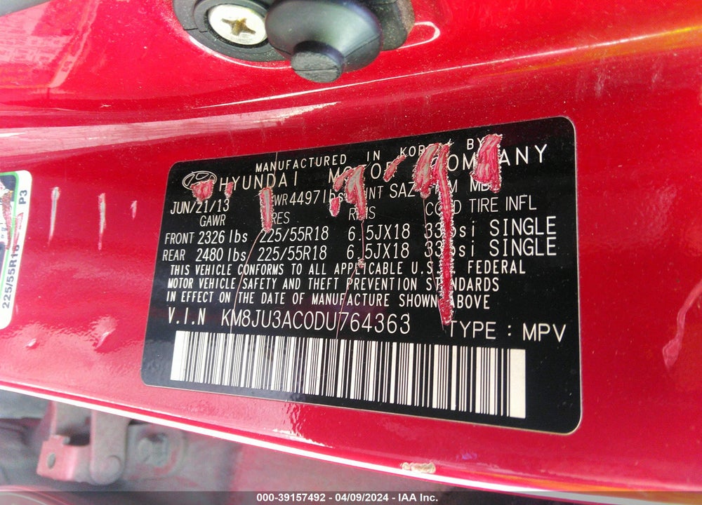 2013 HYUNDAI TUCSON LIMITED VIN: KM8JU3AC0DU764363