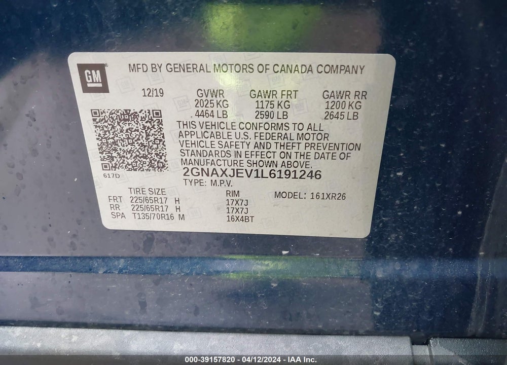 2020 CHEVROLET EQUINOX FWD 2FL VIN: 2GNAXJEV1L6191246