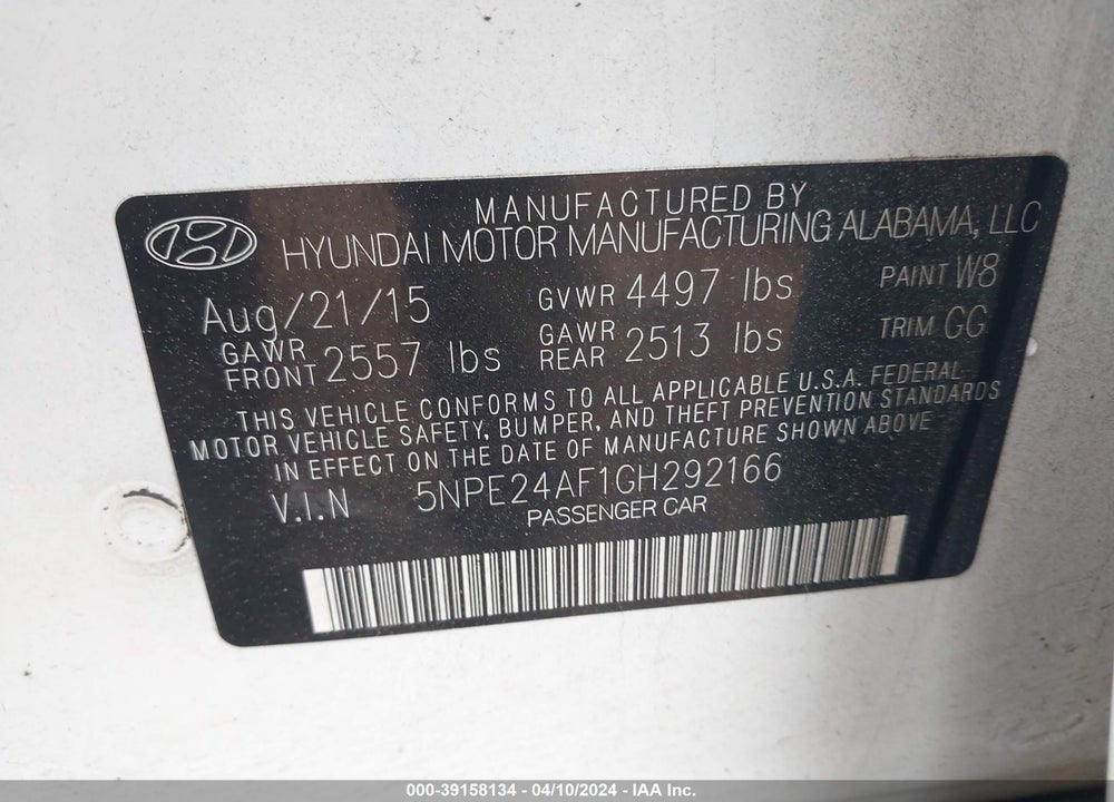 2016 HYUNDAI SONATA SE VIN: 5NPE24AF1GH292166