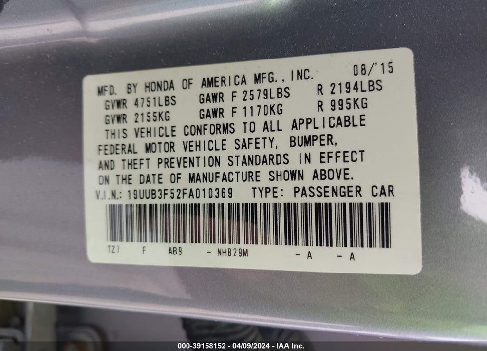 2015 ACURA TLX V6 TECH VIN: 19UUB3F52FA010369