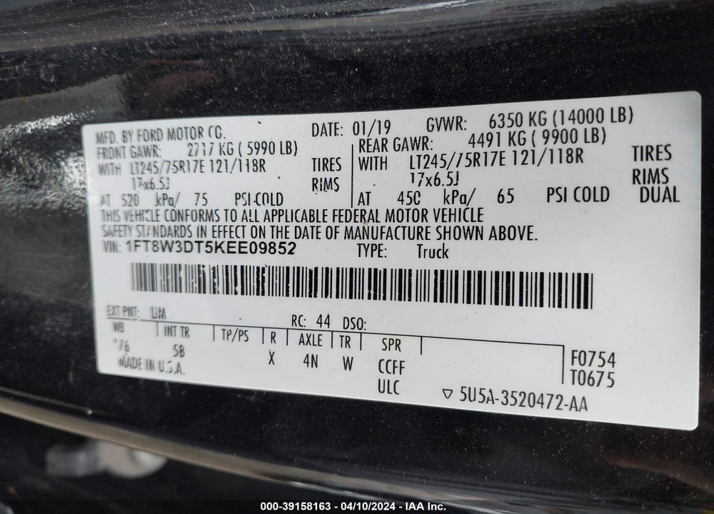 2019 FORD F-350 LARIAT VIN: 1FT8W3DT5KEE09852