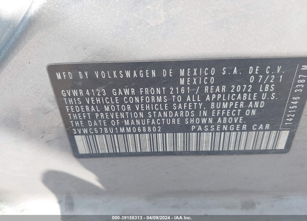 2021 VOLKSWAGEN JETTA 1.4T R-LINE/1.4T S/1.4T SE VIN: 3VWC57BU1MM068802