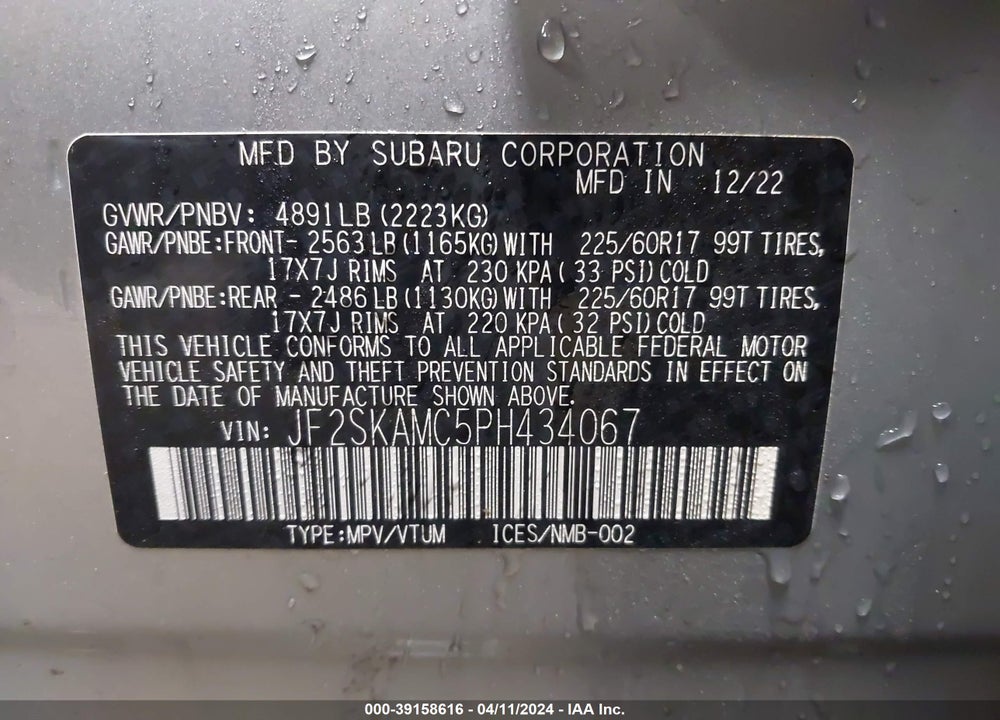 2023 SUBARU FORESTER WILDERNESS VIN: JF2SKAMC5PH434067