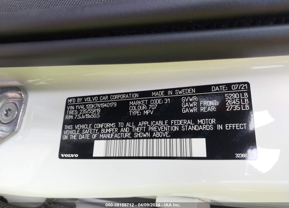 2022 VOLVO XC60 B5 MOMENTUM VIN: YV4L12DK7N1940179