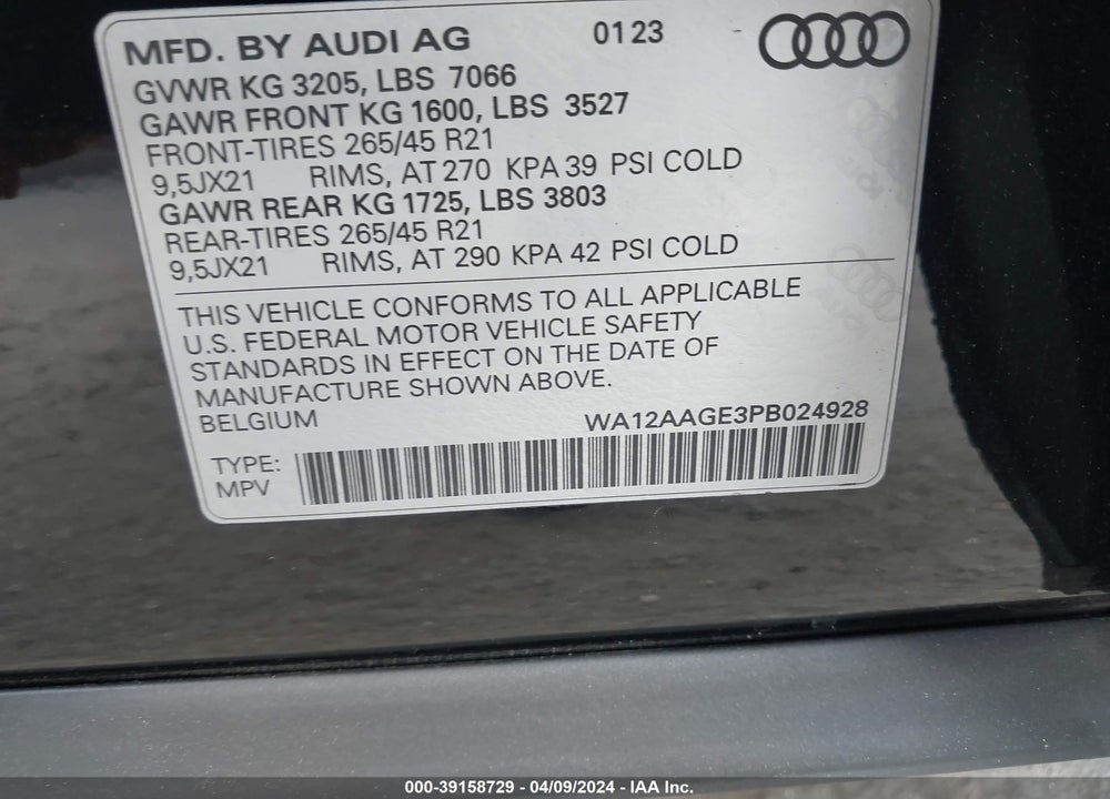 2023 AUDI E-TRON SPORTBACK PREMIUM PLUS S LINE QUATTRO VIN: WA12AAGE3PB024928