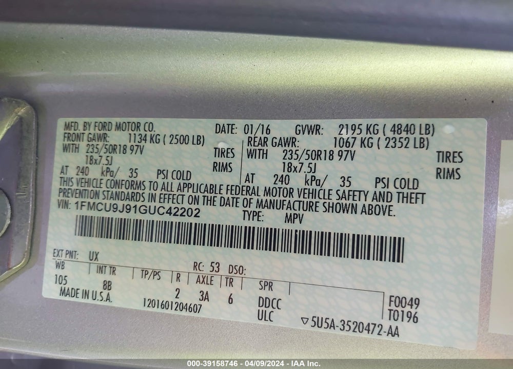 2016 FORD ESCAPE TITANIUM VIN: 1FMCU9J91GUC42202