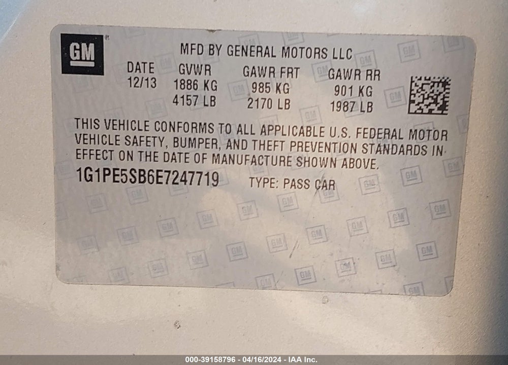 2014 CHEVROLET CRUZE 2LT AUTO VIN: 1G1PE5SB6E7247719