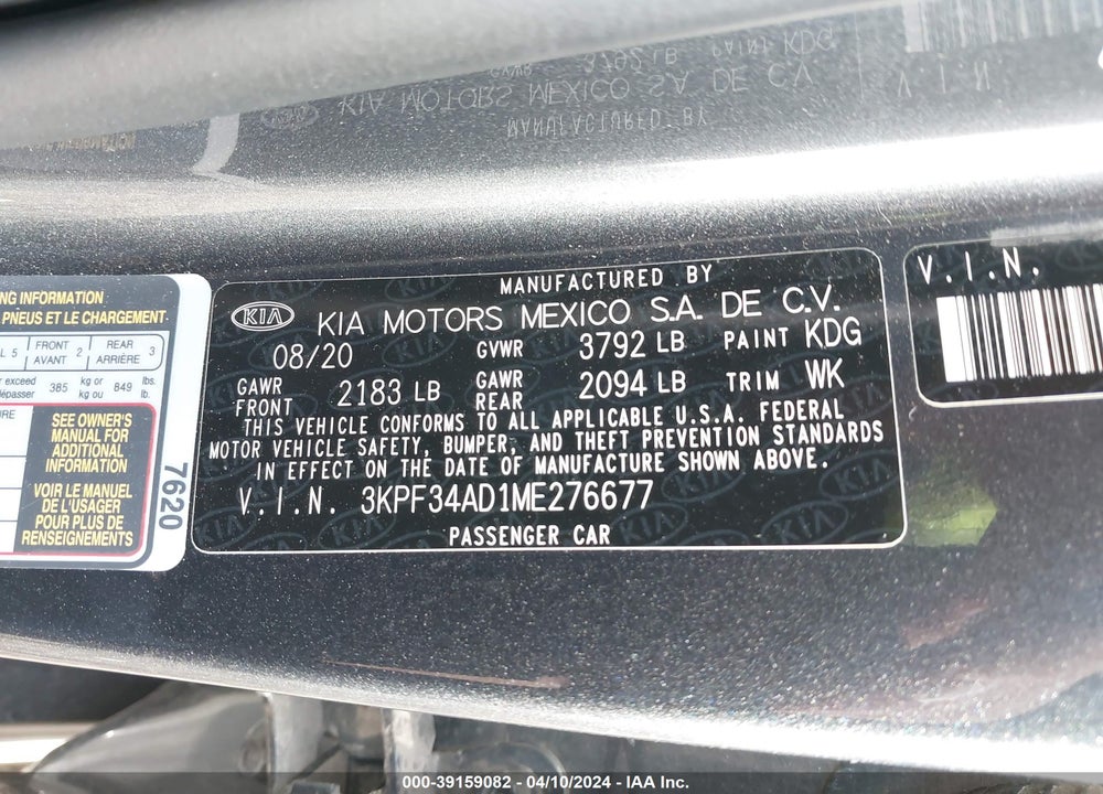2021 KIA FORTE GT LINE VIN: 3KPF34AD1ME276677