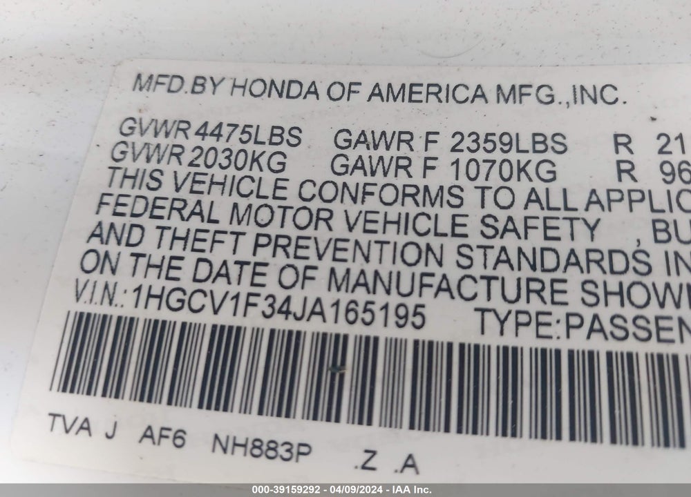 2018 HONDA ACCORD VIN: 1HGCV1F34JA165195