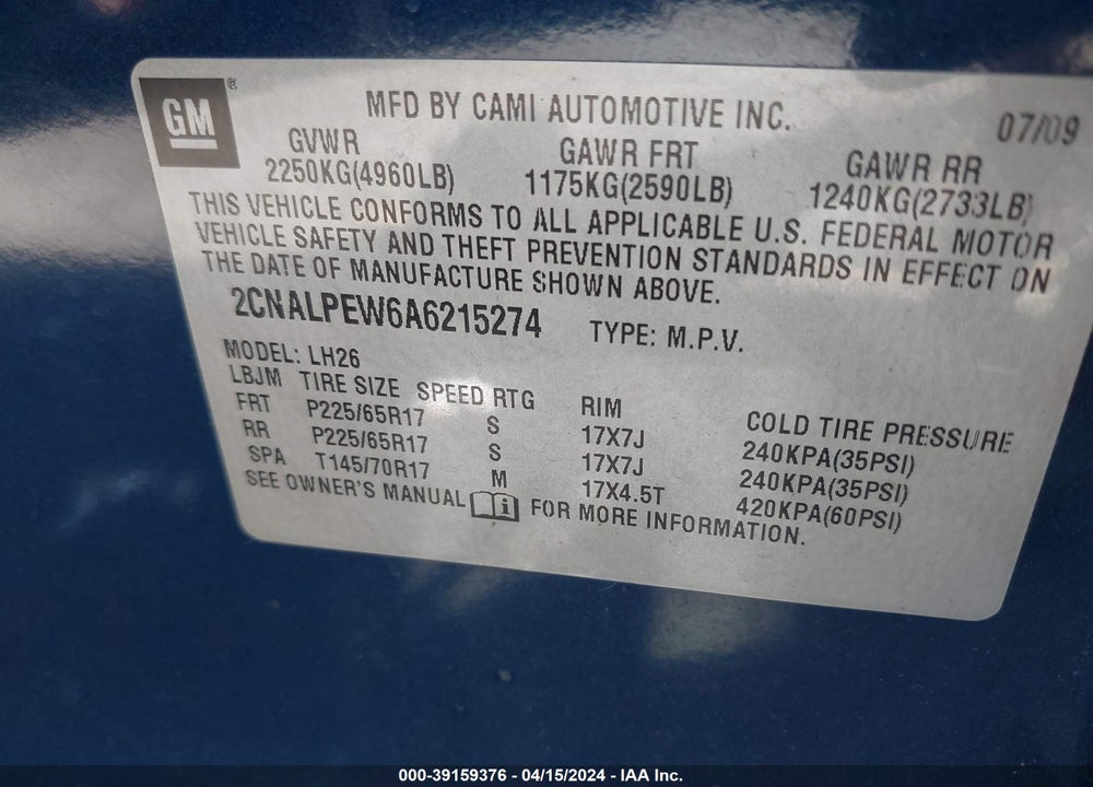 2010 CHEVROLET EQUINOX LT VIN: 2CNALPEW6A6215274