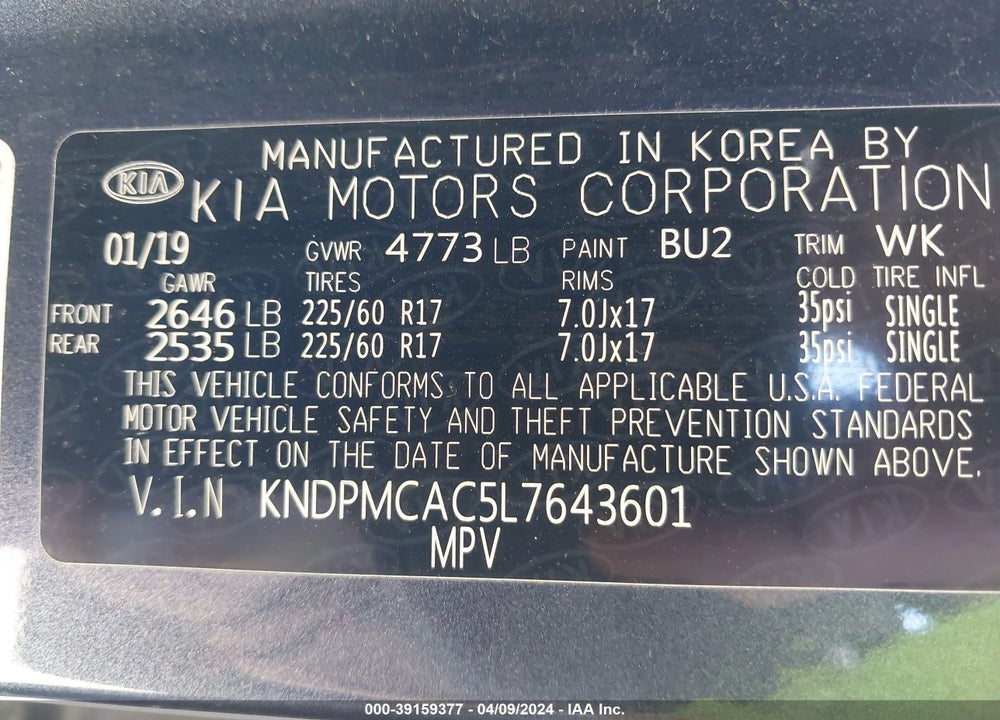 2020 KIA SPORTAGE VIN: KNDPMCAC5L7643601