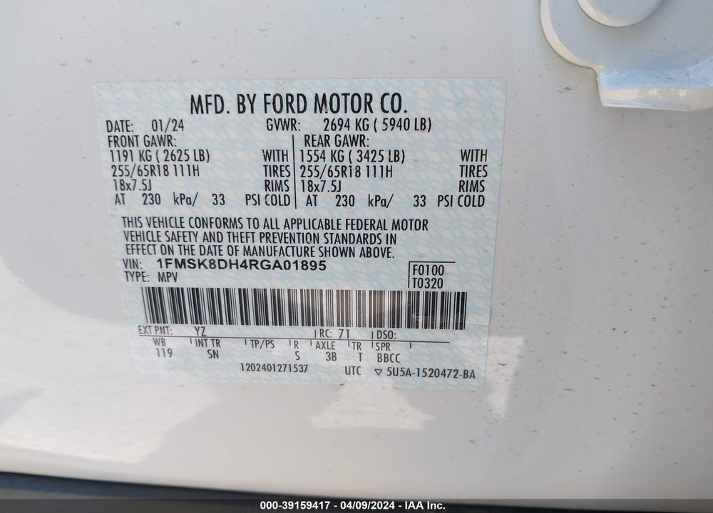 2024 FORD EXPLORER XLT VIN: 1FMSK8DH4RGA01895