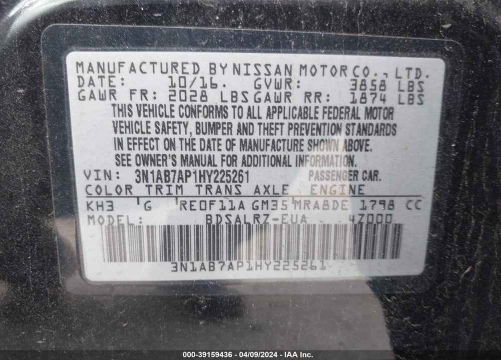2017 NISSAN SENTRA SR VIN: 3N1AB7AP1HY225261