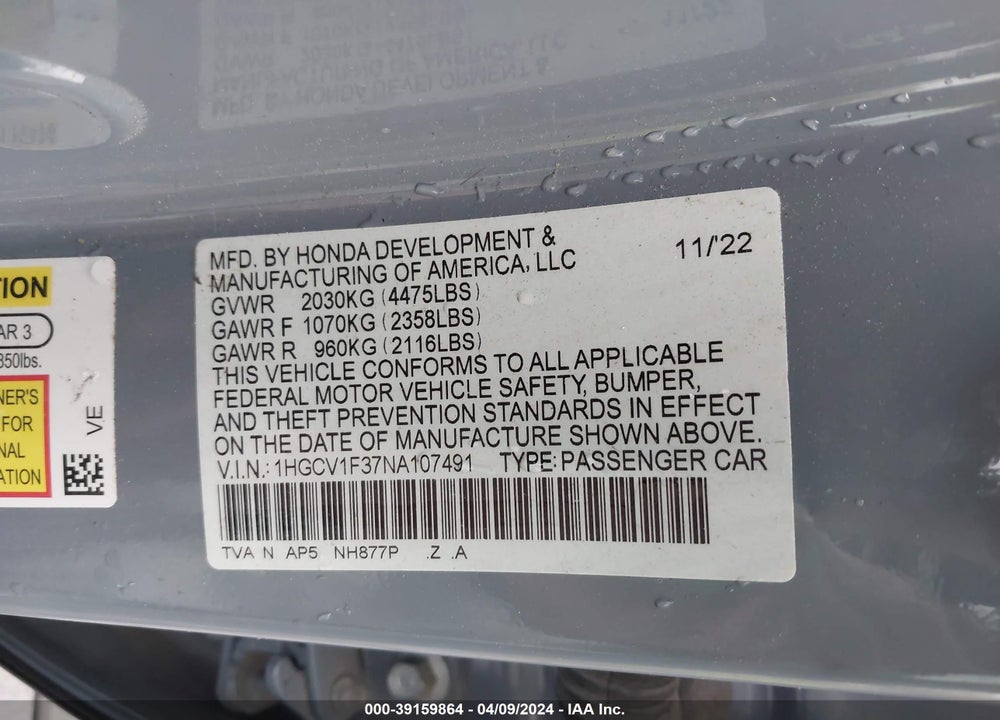 2022 HONDA ACCORD SPORT VIN: 1HGCV1F37NA107491
