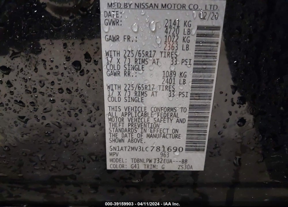 2020 NISSAN ROGUE S INTELLIGENT AWD VIN: 5N1AT2MV3LC781690