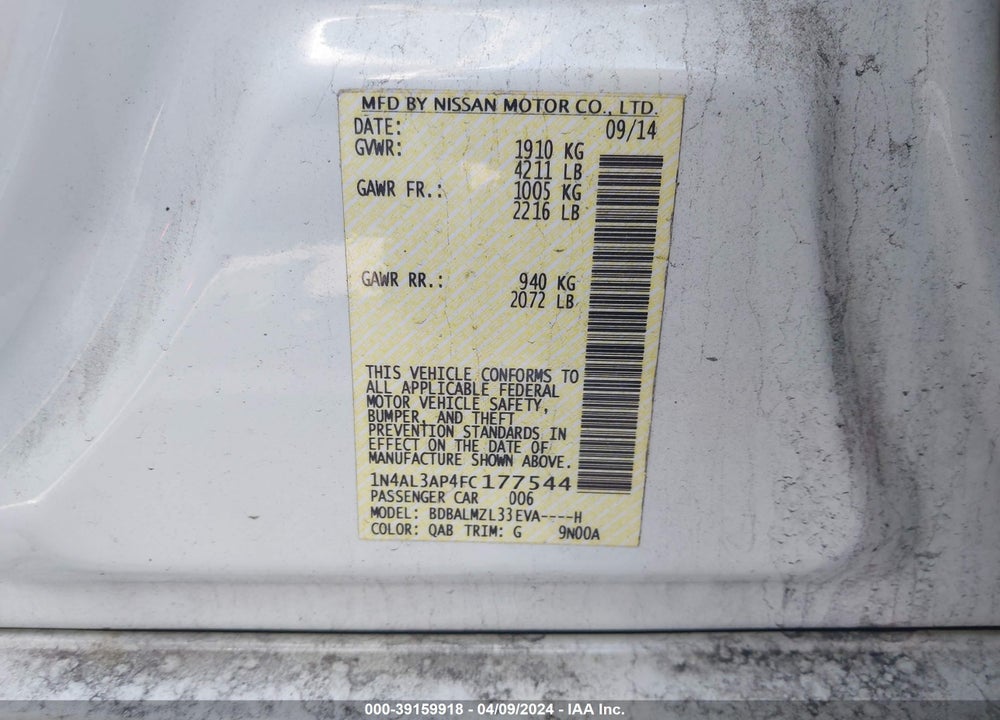 2015 NISSAN ALTIMA 2.5 SV VIN: 1N4AL3AP4FC177544