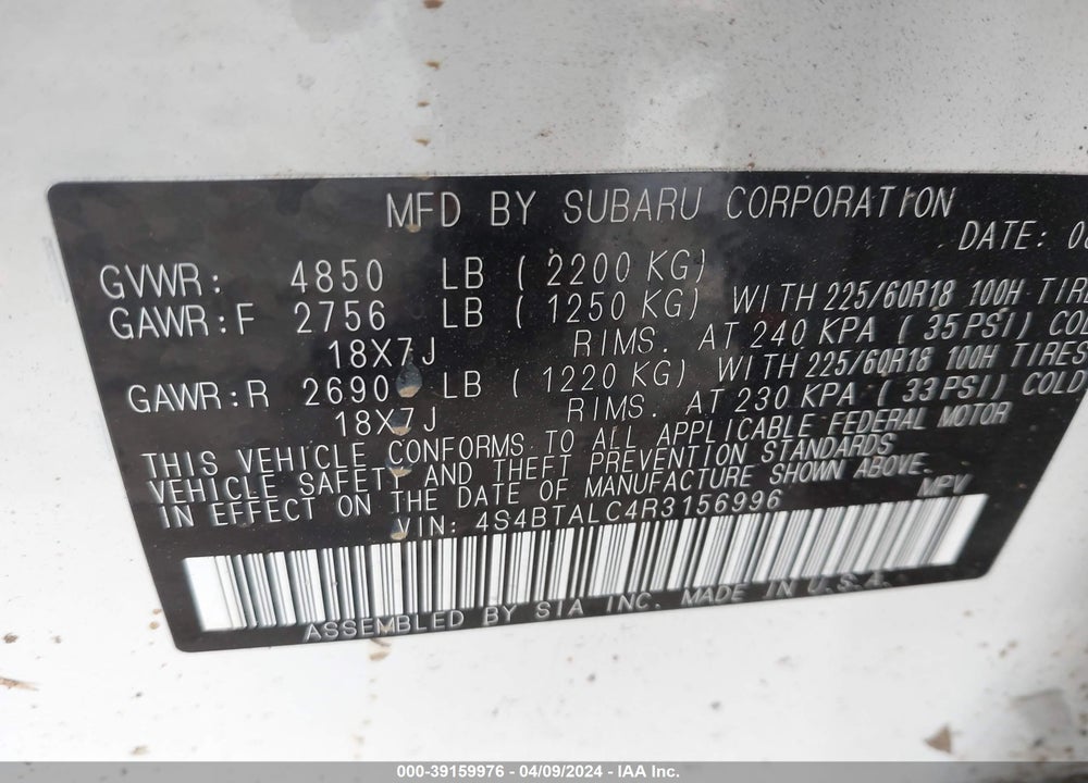 2024 SUBARU OUTBACK ONYX EDITION VIN: 4S4BTALC4R3156996